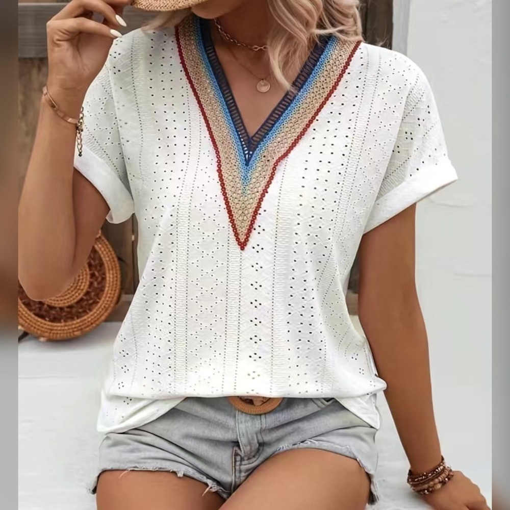 Rainbow Crochet Lace V Neck White Eyelet Boho Short Sleeve Shirt L XL NWT